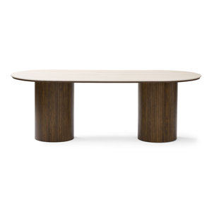 Enzo ovalt matbord med stenskiva i beige och underrede i rökt ek 220x100x76 cm