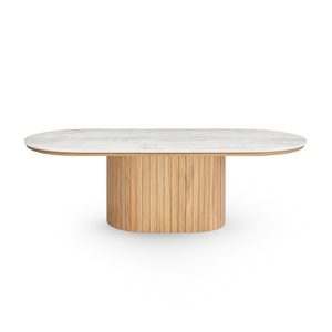 Bobby - Ovalt soffbord med bordsskiva i ljusbeige sten och underrede i ek 120x55x45 cm