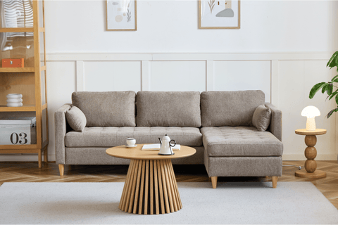 Lulu - Höger- och vänstervänd vändbar schäslongsoffa i sand - L: 215 x D: 82 x H: 78 cm