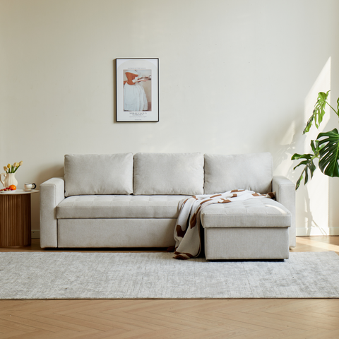 Sinus - Vändbar, bäddsoffa med schäslong och förvaring i beige