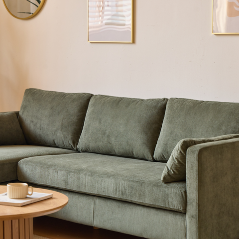 Ellis - Höger- och vänster-vändbar schäslongsoffa i grönt sammet - L: 215 x D: 82 x H: 78 cm