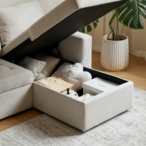 Sinus - Vändbar, bäddsoffa med schäslong och förvaring i beige