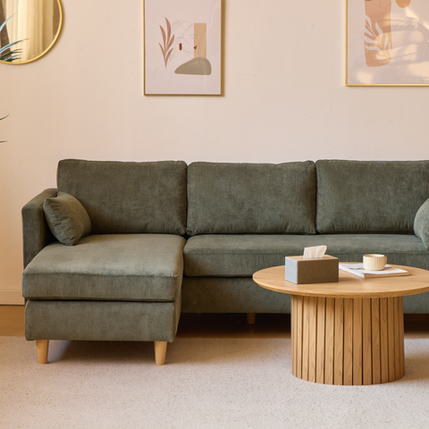 Ellis - Höger- och vänster-vändbar schäslongsoffa i grönt sammet - L: 215 x D: 82 x H: 78 cm