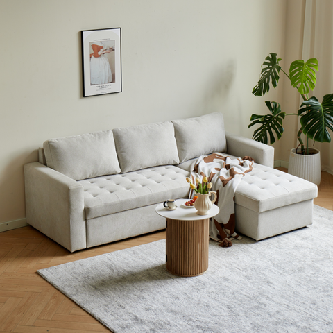Sinus - Vändbar, bäddsoffa med schäslong och förvaring i beige