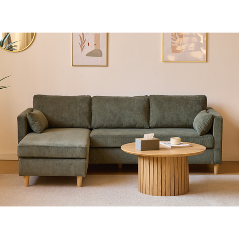 Ellis - Höger- och vänster-vändbar schäslongsoffa i grönt sammet - L: 215 x D: 82 x H: 78 cm
