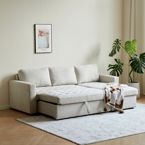 Sinus - Vändbar, bäddsoffa med schäslong och förvaring i beige