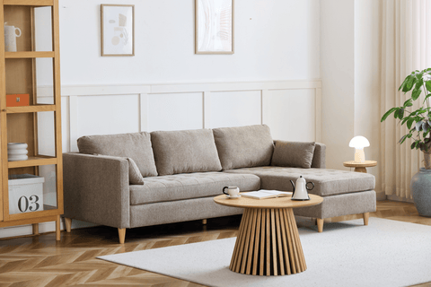 Lulu - Höger- och vänstervänd vändbar schäslongsoffa i sand - L: 215 x D: 82 x H: 78 cm