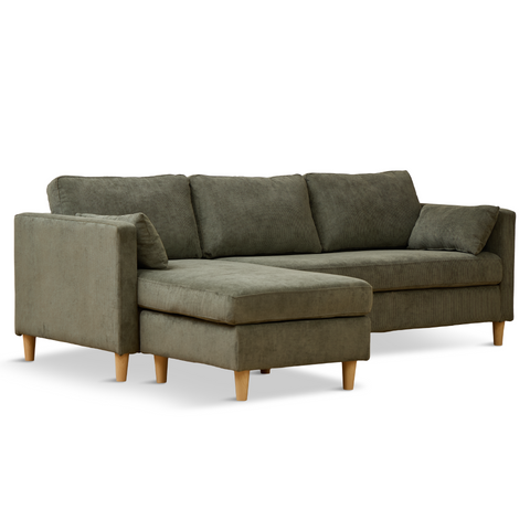 Ellis - Höger- och vänster-vändbar schäslongsoffa i grönt sammet - L: 215 x D: 82 x H: 78 cm