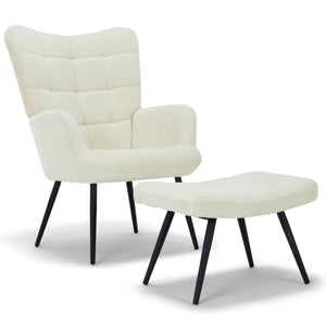 Allison Fåtölj med Fotpall - vitt plysch/imitation av lammskinn