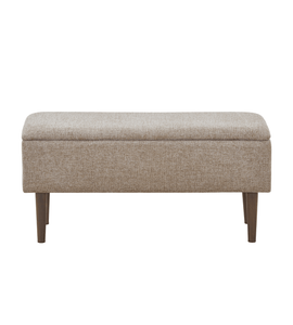 Malika bänk – sandfärgat tyg med förvaring och ben i rökt eklook, 95x35x45 cm