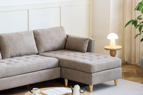 Lulu - Höger- och vänstervänd vändbar schäslongsoffa i sand - L: 215 x D: 82 x H: 78 cm