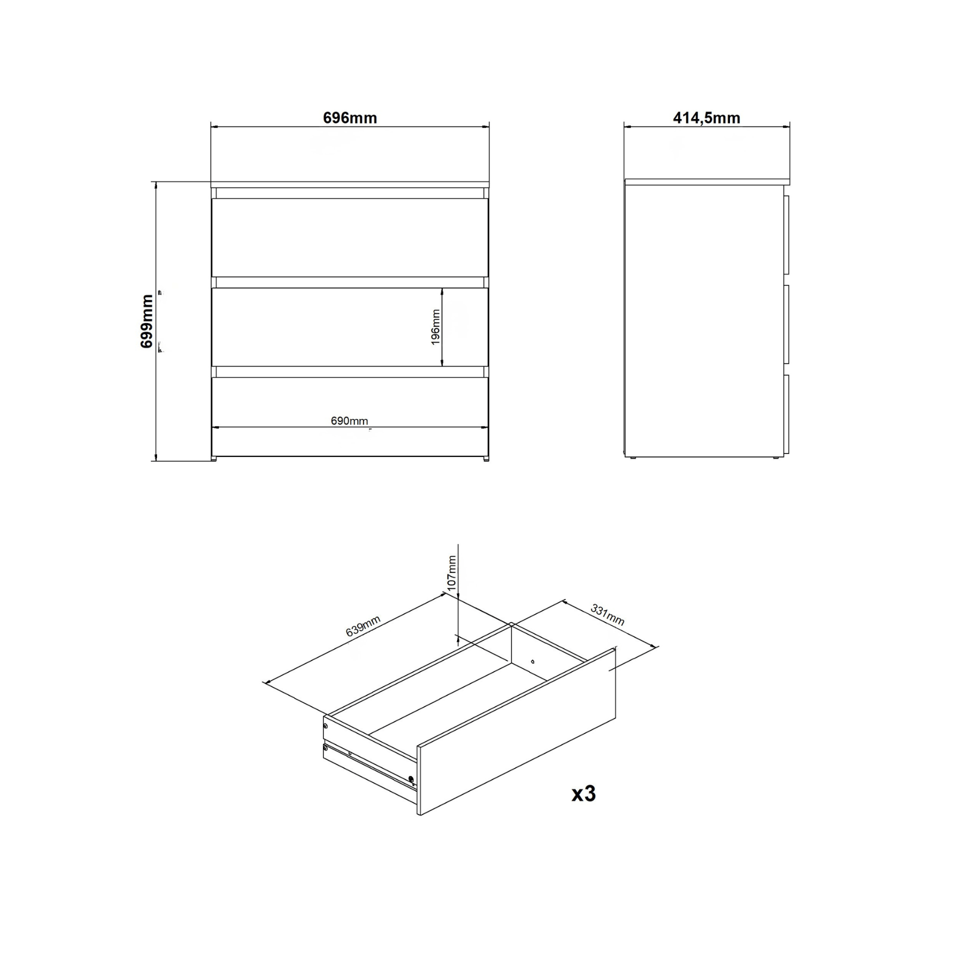 Maise Kommod 70x70x41 cm med 3 lådor i vitt– Nimara.se